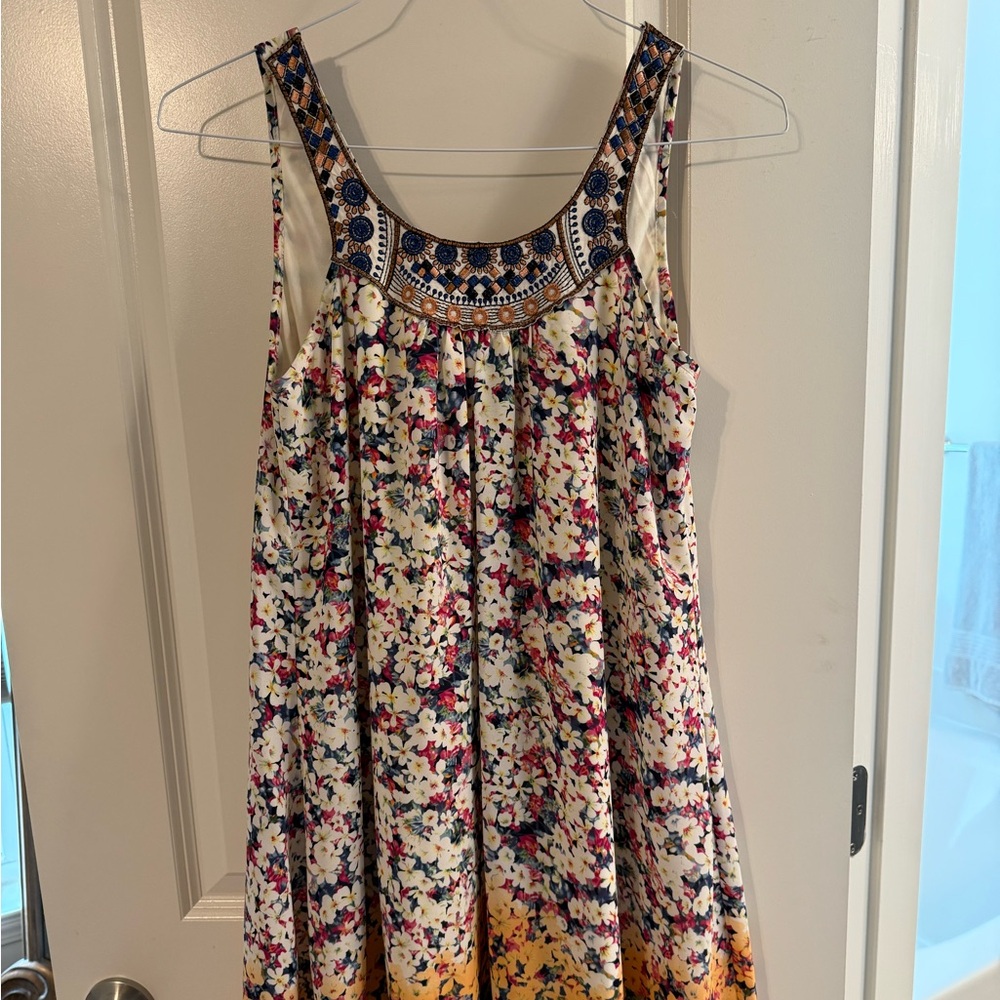 Floral Sleeveless Dress with Embroidered Neckline